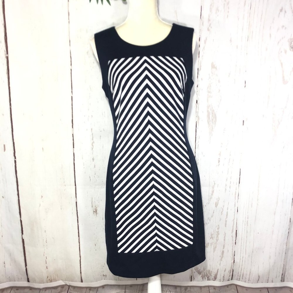 CALVIN KLEIN SLEEVELESS LINEN NAVY/WHITE DRESS 8
